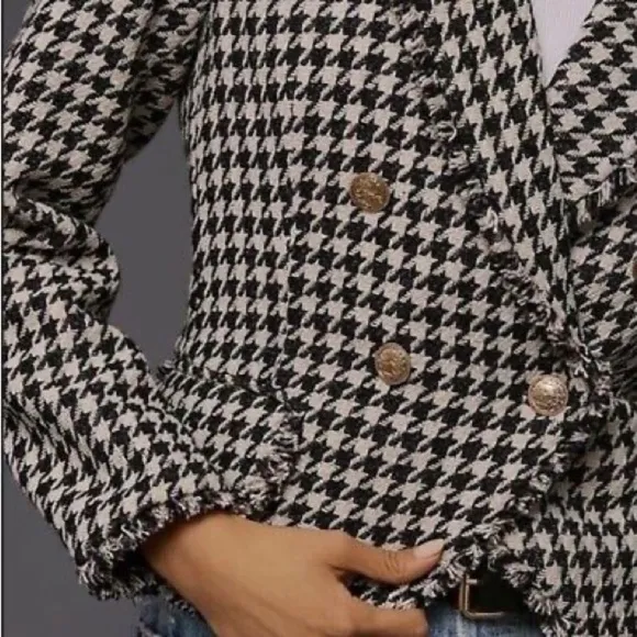 Dolan Anthropologie Houndstooth Double Breasted Tweed Button Blazer Jacket coco