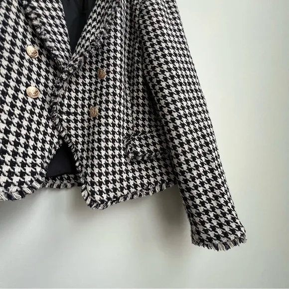 Dolan Anthropologie Houndstooth Double Breasted Tweed Button Blazer Jacket coco