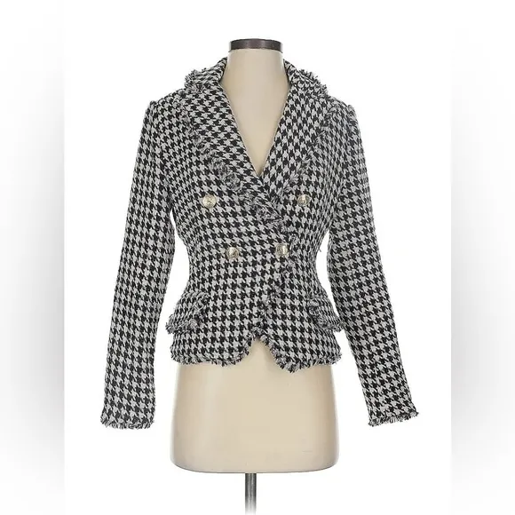 Dolan Anthropologie Houndstooth Double Breasted Tweed Button Blazer Jacket coco