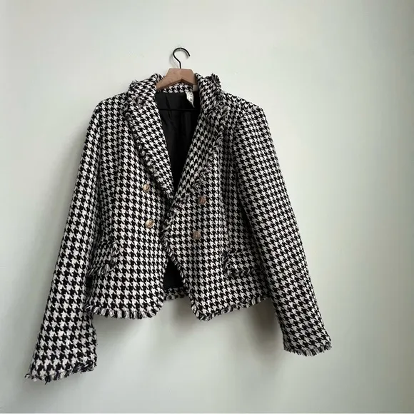 Dolan Anthropologie Houndstooth Double Breasted Tweed Button Blazer Jacket coco