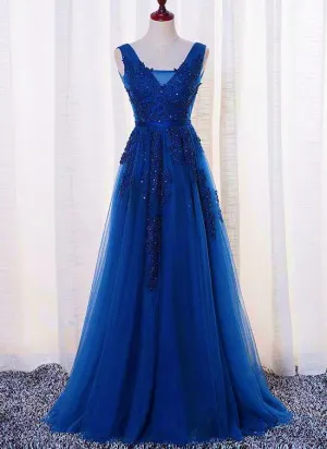 Elegant Blue Lace Applique Long Party Dress , Blue Prom Dress