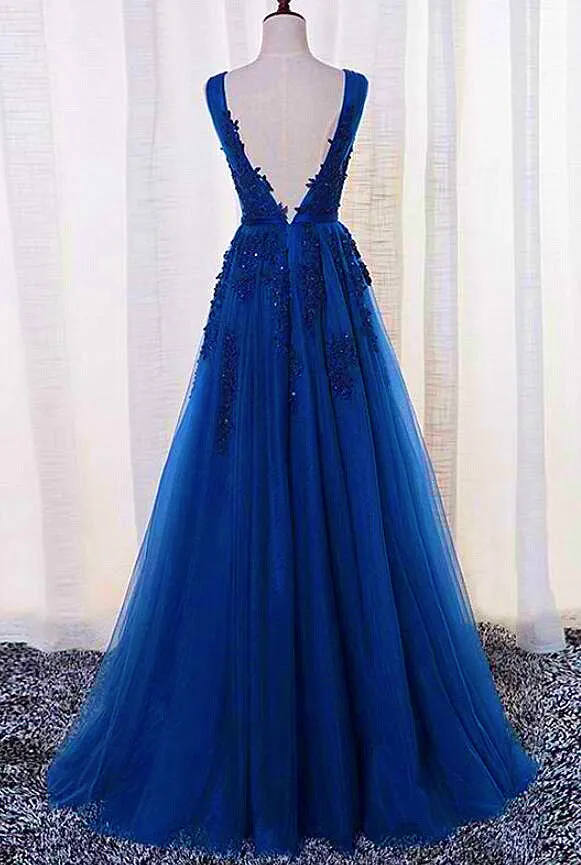 Elegant Blue Lace Applique Long Party Dress , Blue Prom Dress