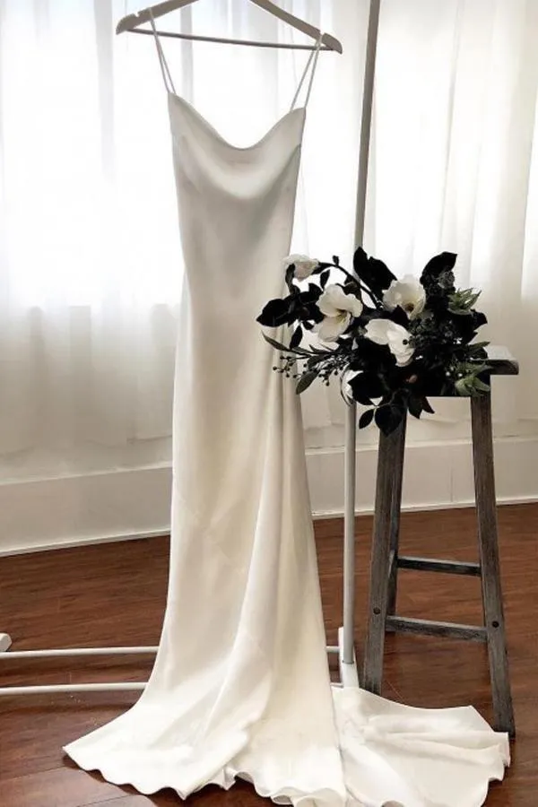 Elegant Spaghetti Straps Tight Backless Wedding Dress with Sweep Train TN226