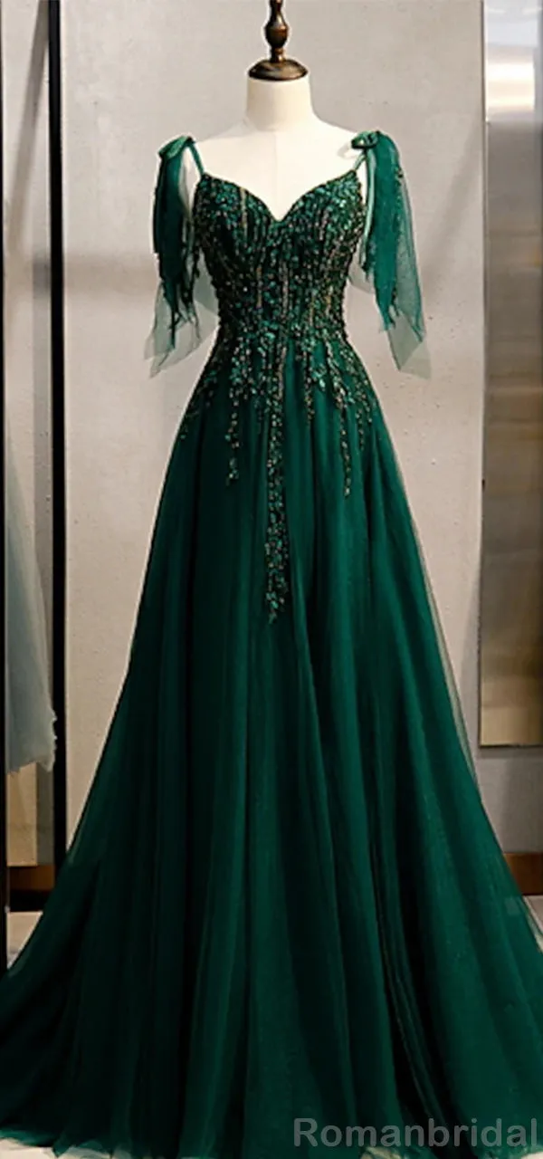 Elegant Spaghetti Straps V-neck A-line Tulle Long Dark Green Evening Prom Dress Online, OL203