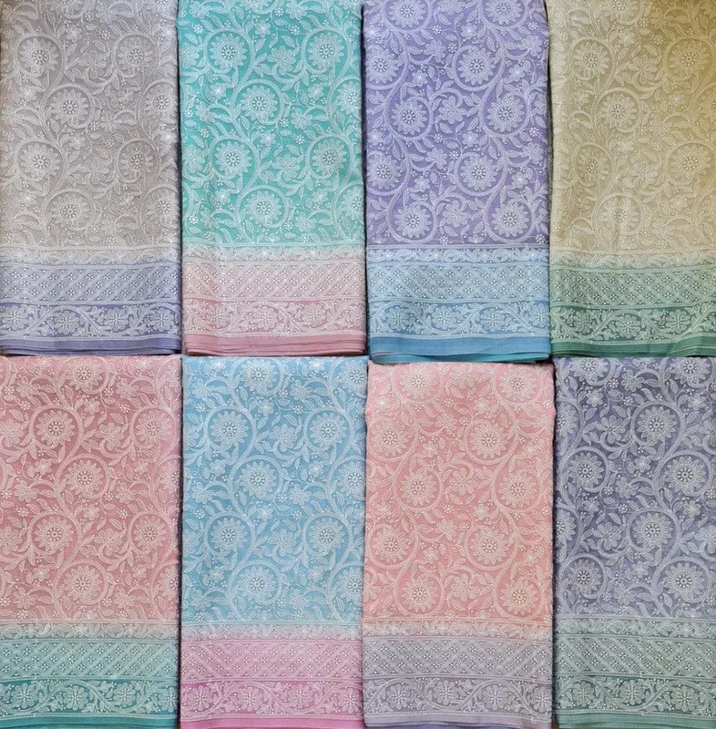 Exclusive Pure Organza Heavy Anchal Embroidery Work Chikankari Silk Saree
