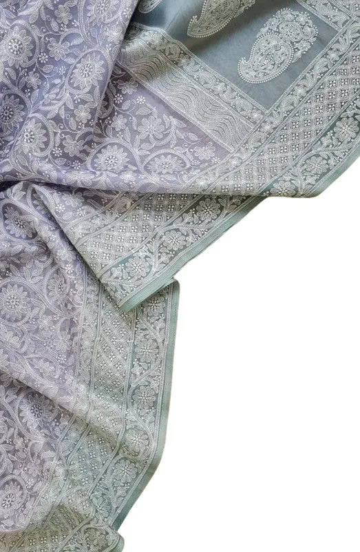 Exclusive Pure Organza Heavy Anchal Embroidery Work Chikankari Silk Saree