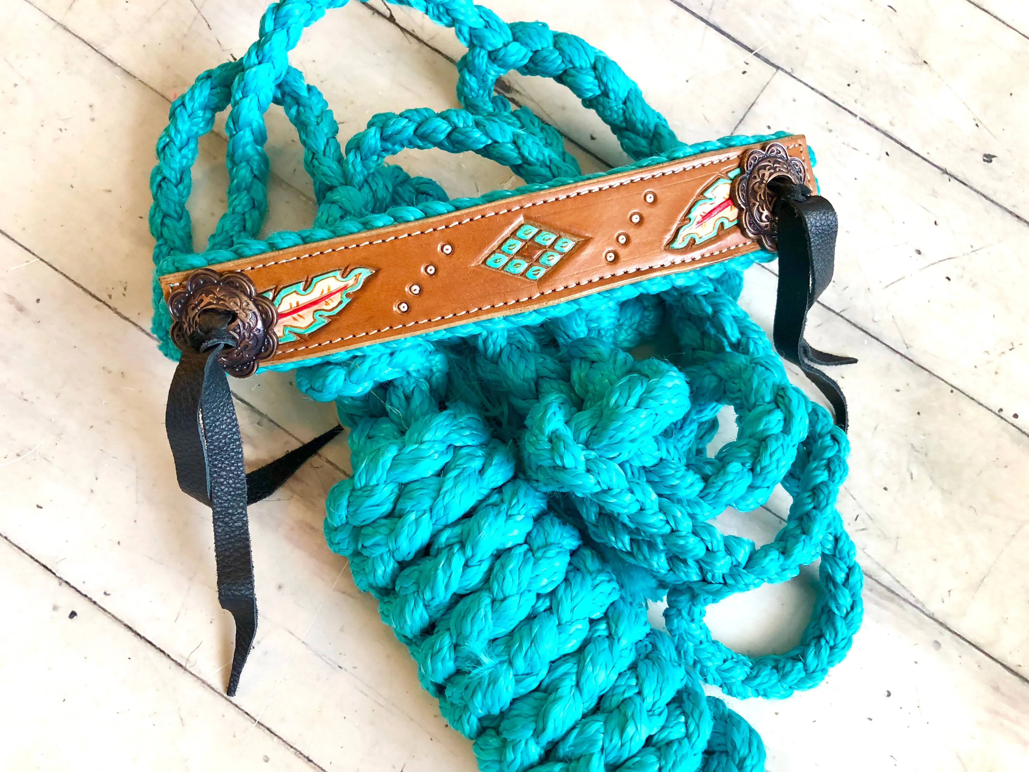 Feather and Diamond Tooled Halter on Teal Nylon Muletape