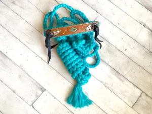 Feather and Diamond Tooled Halter on Teal Nylon Muletape