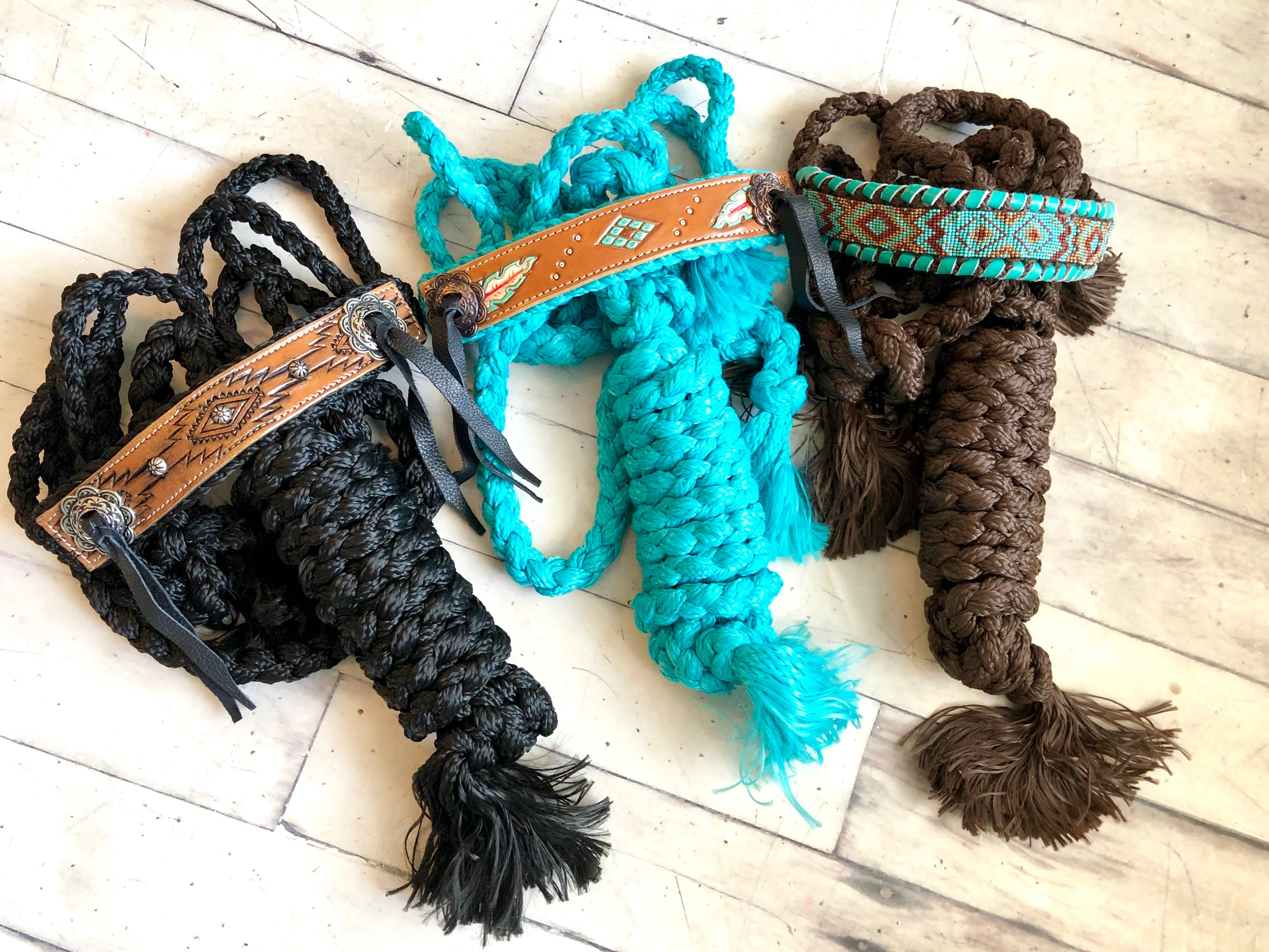 Feather and Diamond Tooled Halter on Teal Nylon Muletape