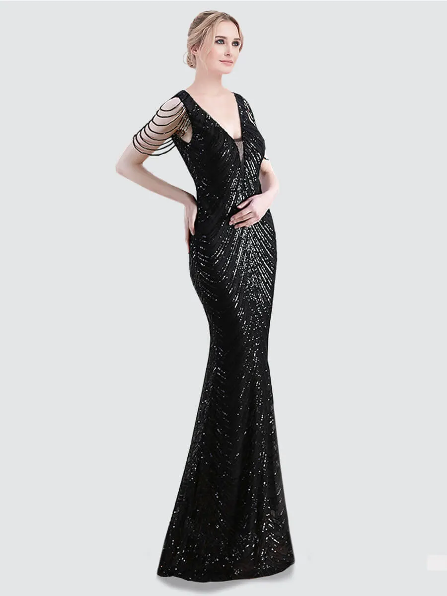 [Final Sale] Black Beading Sleeves V-Neck Sequin Mermaid Gown