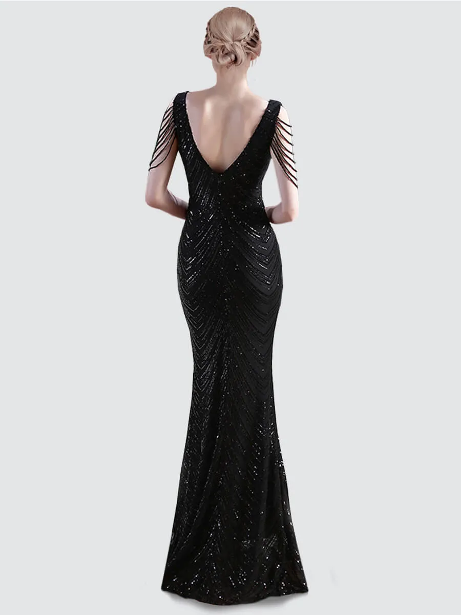 [Final Sale] Black Beading Sleeves V-Neck Sequin Mermaid Gown
