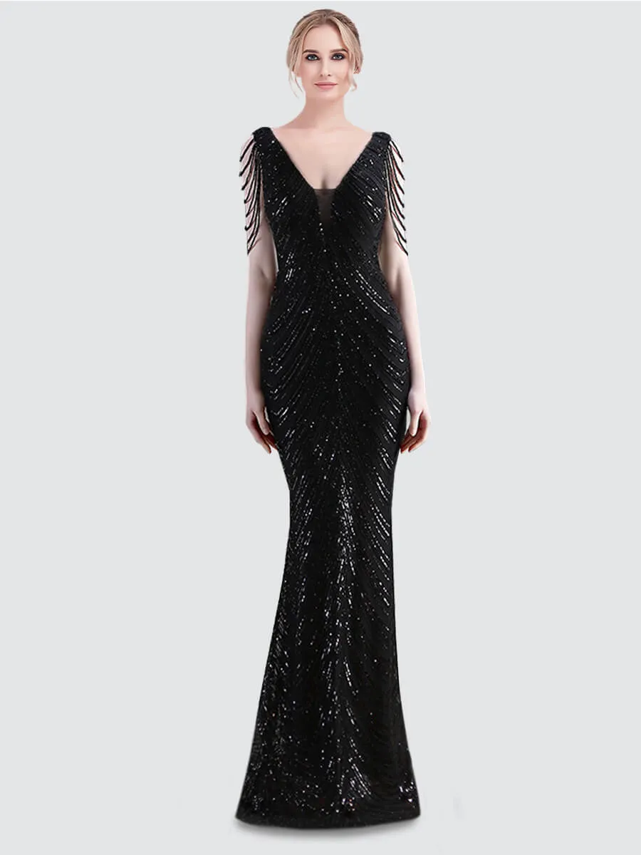 [Final Sale] Black Beading Sleeves V-Neck Sequin Mermaid Gown