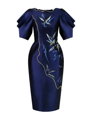 Floating Flowers-Painted Voluminous Sleeve Midi Dress