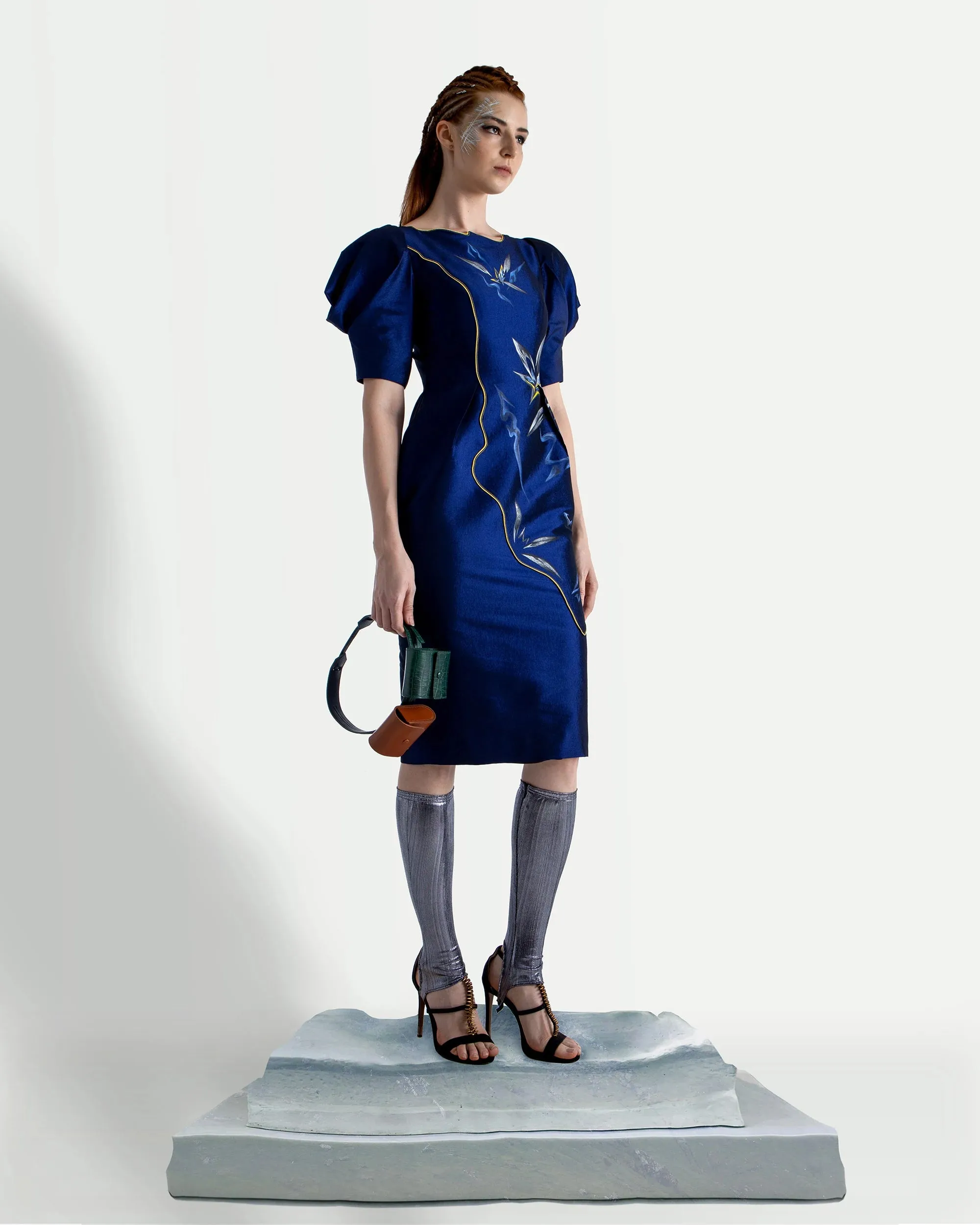 Floating Flowers-Painted Voluminous Sleeve Midi Dress