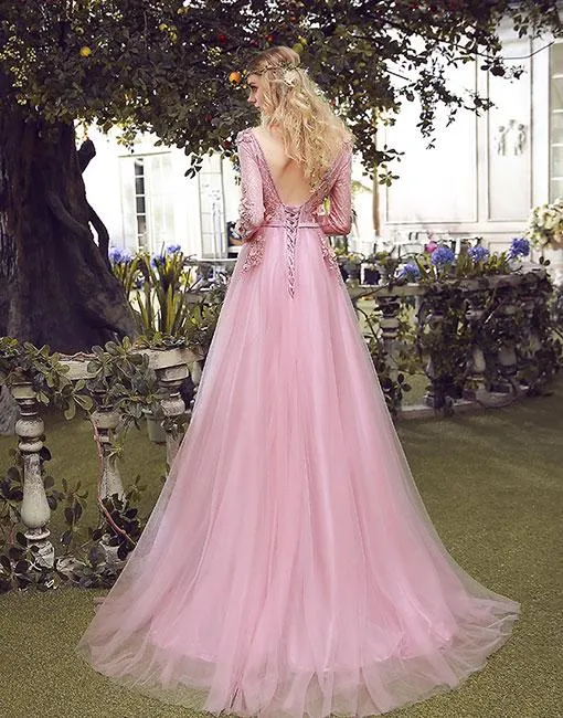Floor-length A-line V-neck long sleeve evening dress,  Pink lace applique Back strap long prom dresses，PD0517