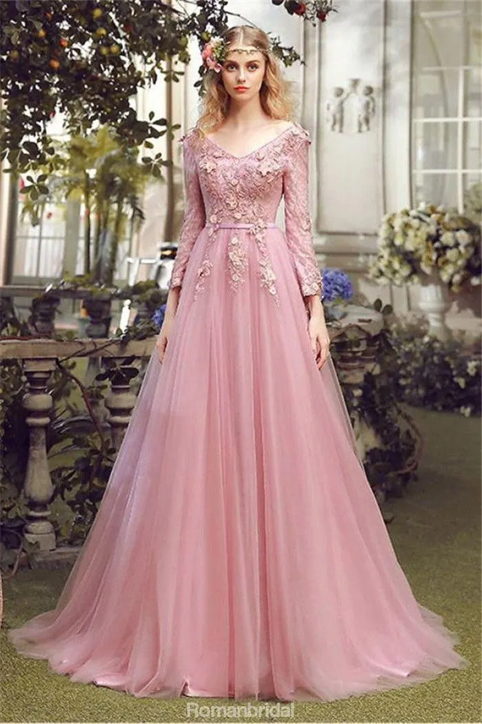 Floor-length A-line V-neck long sleeve evening dress,  Pink lace applique Back strap long prom dresses，PD0517