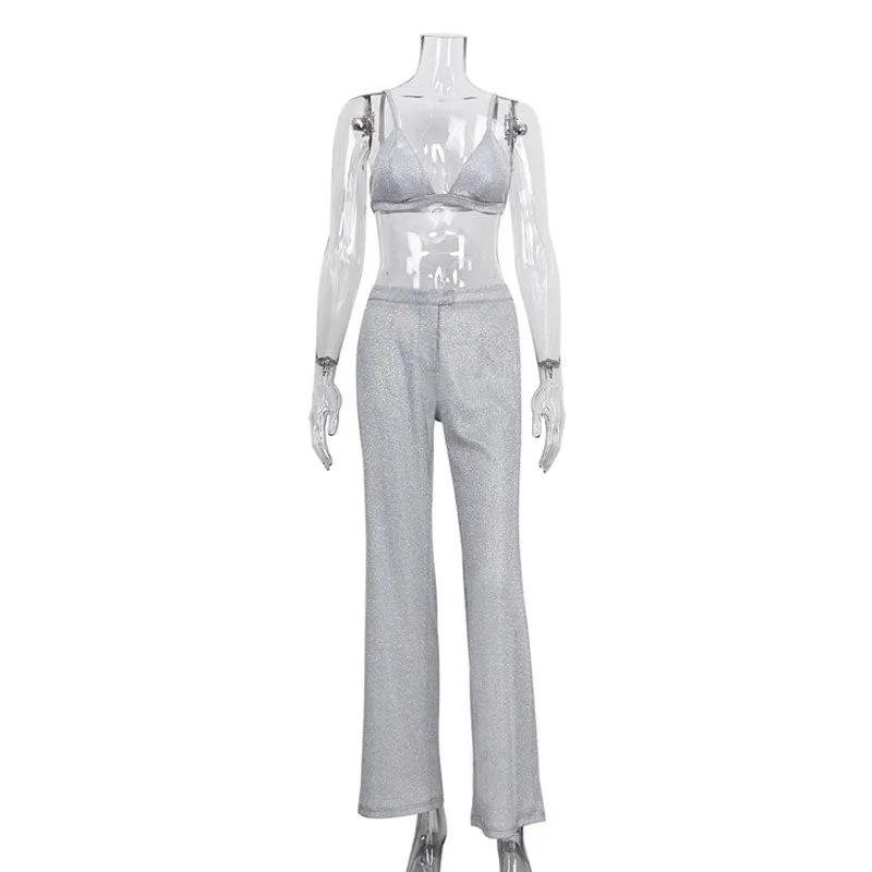 Glitter Bra & High Waist Straight Leg Pants Set