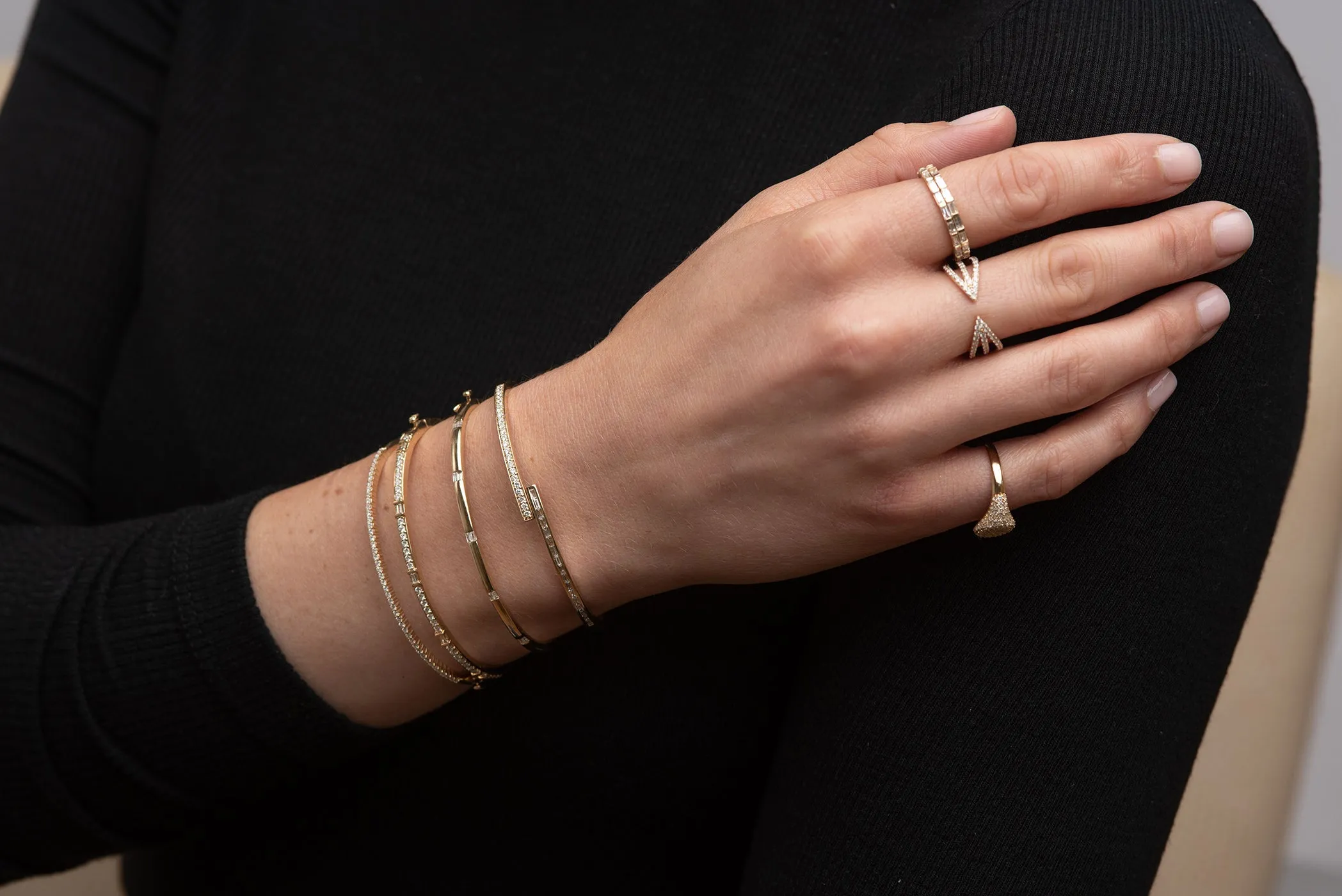 Gold Bangle with diamond baguettes stations