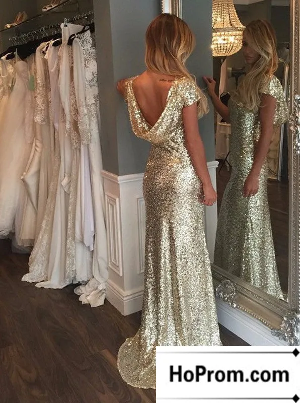 Gold Sequins Cap Sleeves Prom Dress Evening Dresses