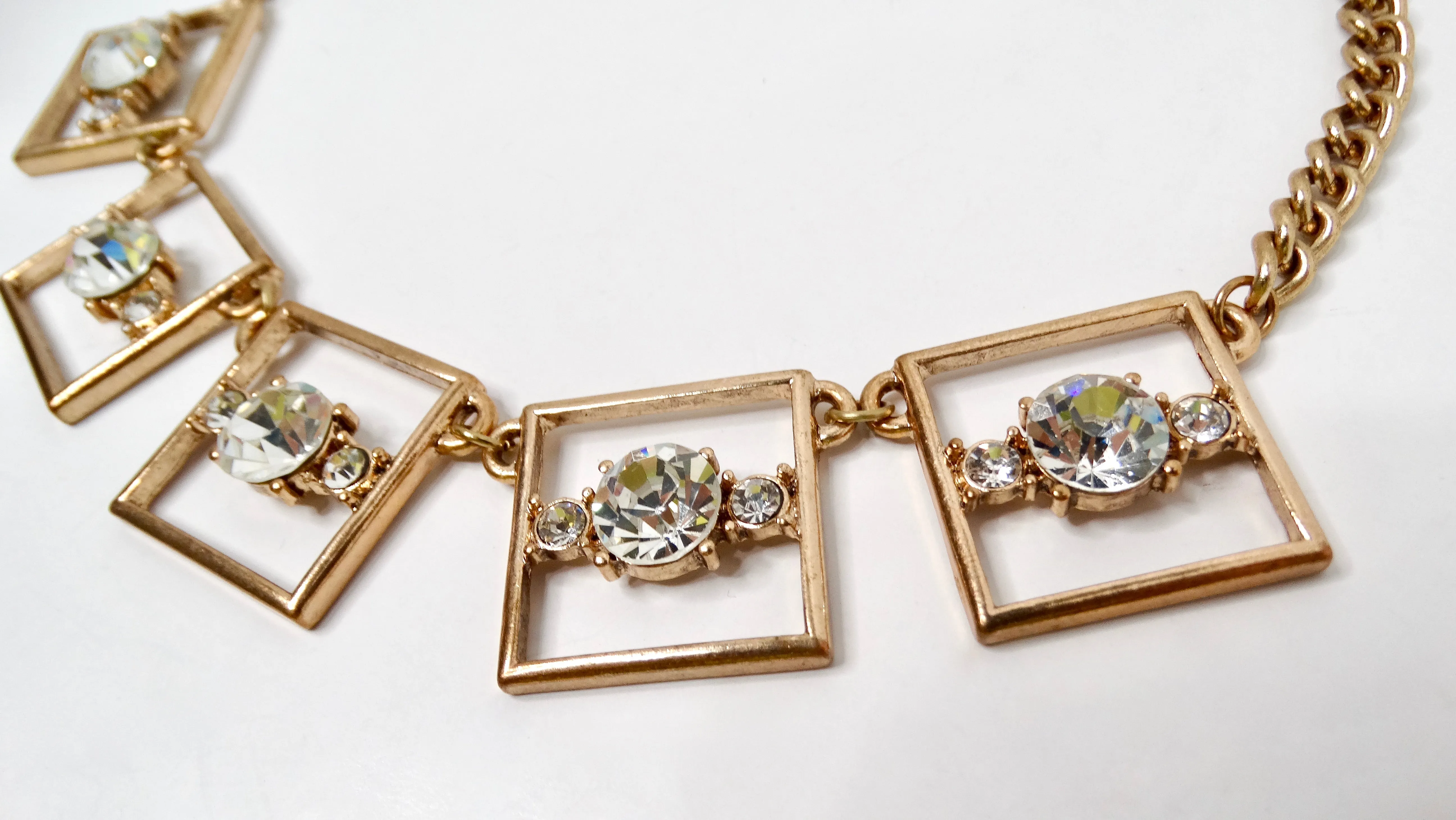 Gold-Tone Geometric Square Link Necklace With Rhinestone Accents