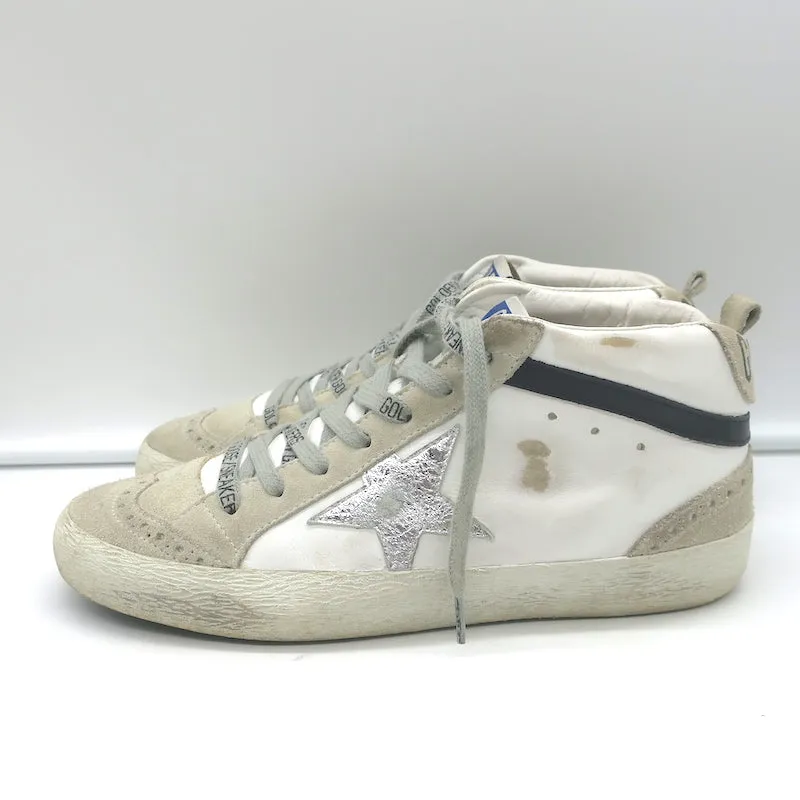 Golden Goose Mid Star Sneakers White & Silver Metallic Leather Size 38