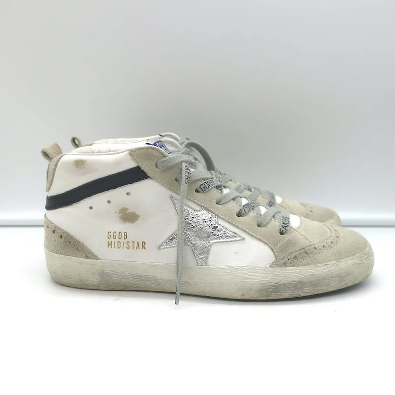Golden Goose Mid Star Sneakers White & Silver Metallic Leather Size 38