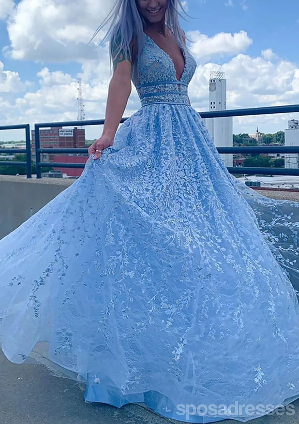 Gorgeous Blue A-line V-neck Maxi Long Prom Dresses,Evening Party Prom Dresses,13231