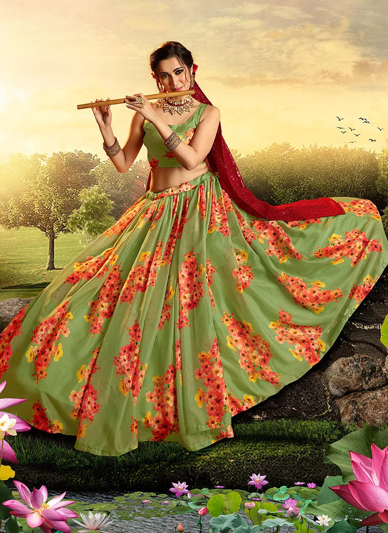 Green And Red Floral Printed Lehenga Choli