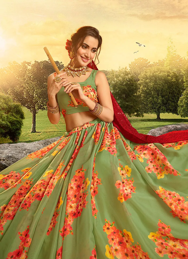 Green And Red Floral Printed Lehenga Choli