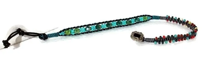 Green,  beaded double wrap,  leather macrame bracelet, The Leather Green Mosaic bracelet, handmade bracelet
