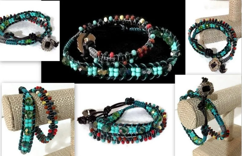 Green,  beaded double wrap,  leather macrame bracelet, The Leather Green Mosaic bracelet, handmade bracelet