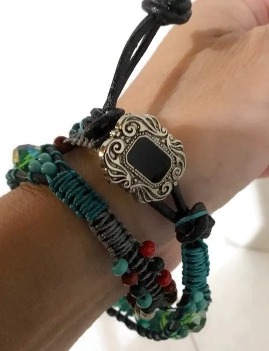 Green,  beaded double wrap,  leather macrame bracelet, The Leather Green Mosaic bracelet, handmade bracelet