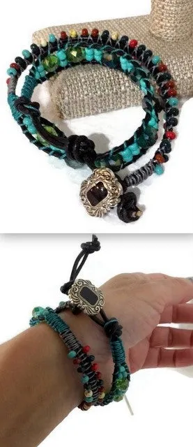 Green,  beaded double wrap,  leather macrame bracelet, The Leather Green Mosaic bracelet, handmade bracelet
