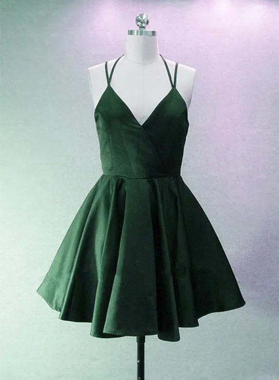 Green Halter Short Satin Long Party Dress, Green Homecoming Dresses , Short Party Dress