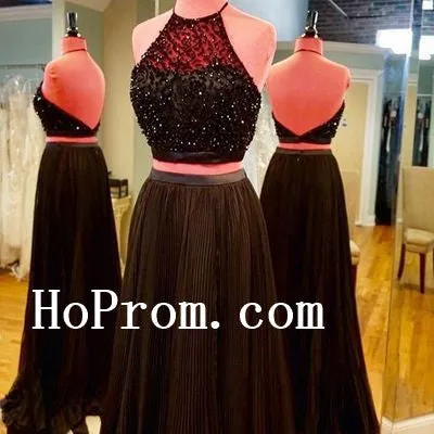 Halter Two Piece Prom Dresses,Black Prom Dress,Evening Dress