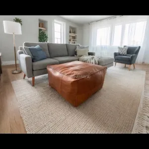 Handmade Moroccan Leather Square Ottoman Pouffe | Tan & Black Footstool | Unique Square Pouf