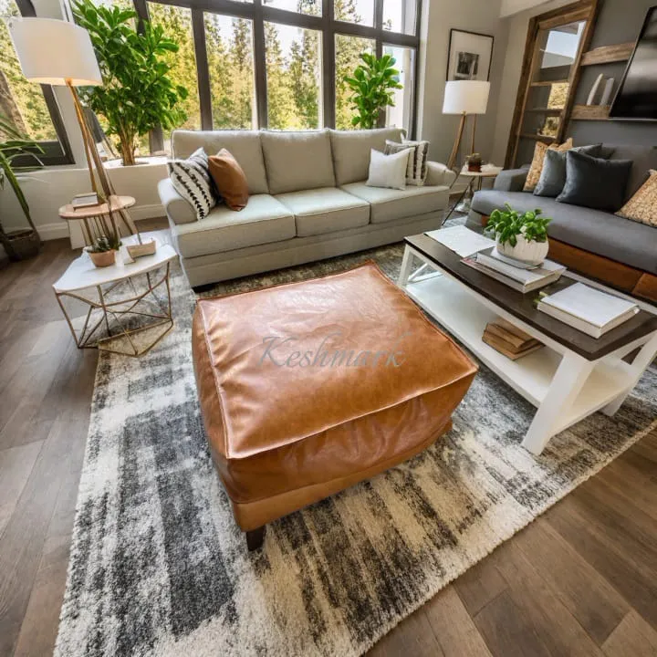 Handmade Moroccan Leather Square Ottoman Pouffe | Tan & Black Footstool | Unique Square Pouf