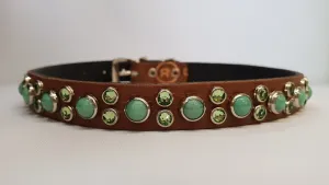 HB 1/2" Collar - Chestnut Leather / Green Turquoise Stones & Crystals