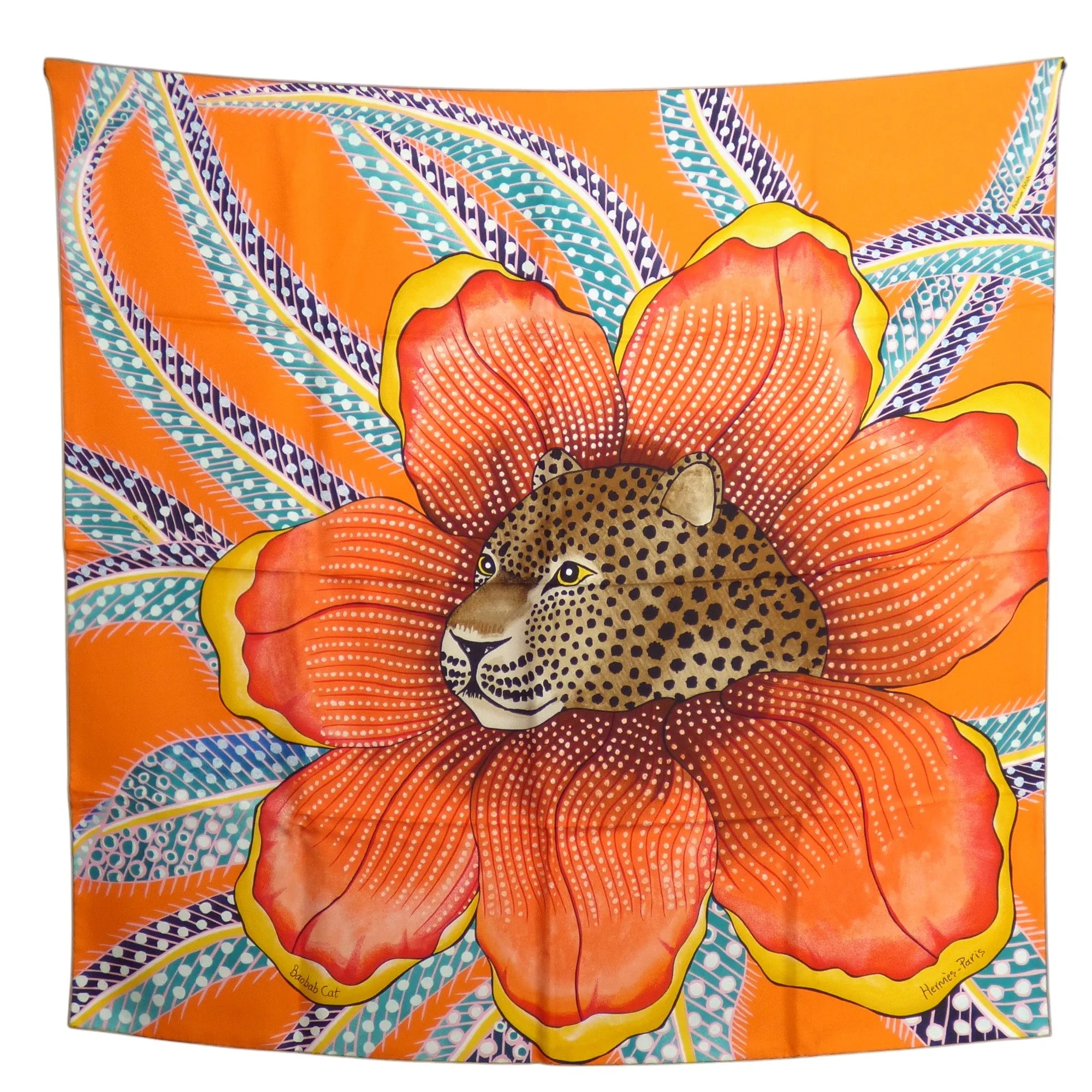 HERMES- "Baobab Cat" Print Silk Twill Scarf