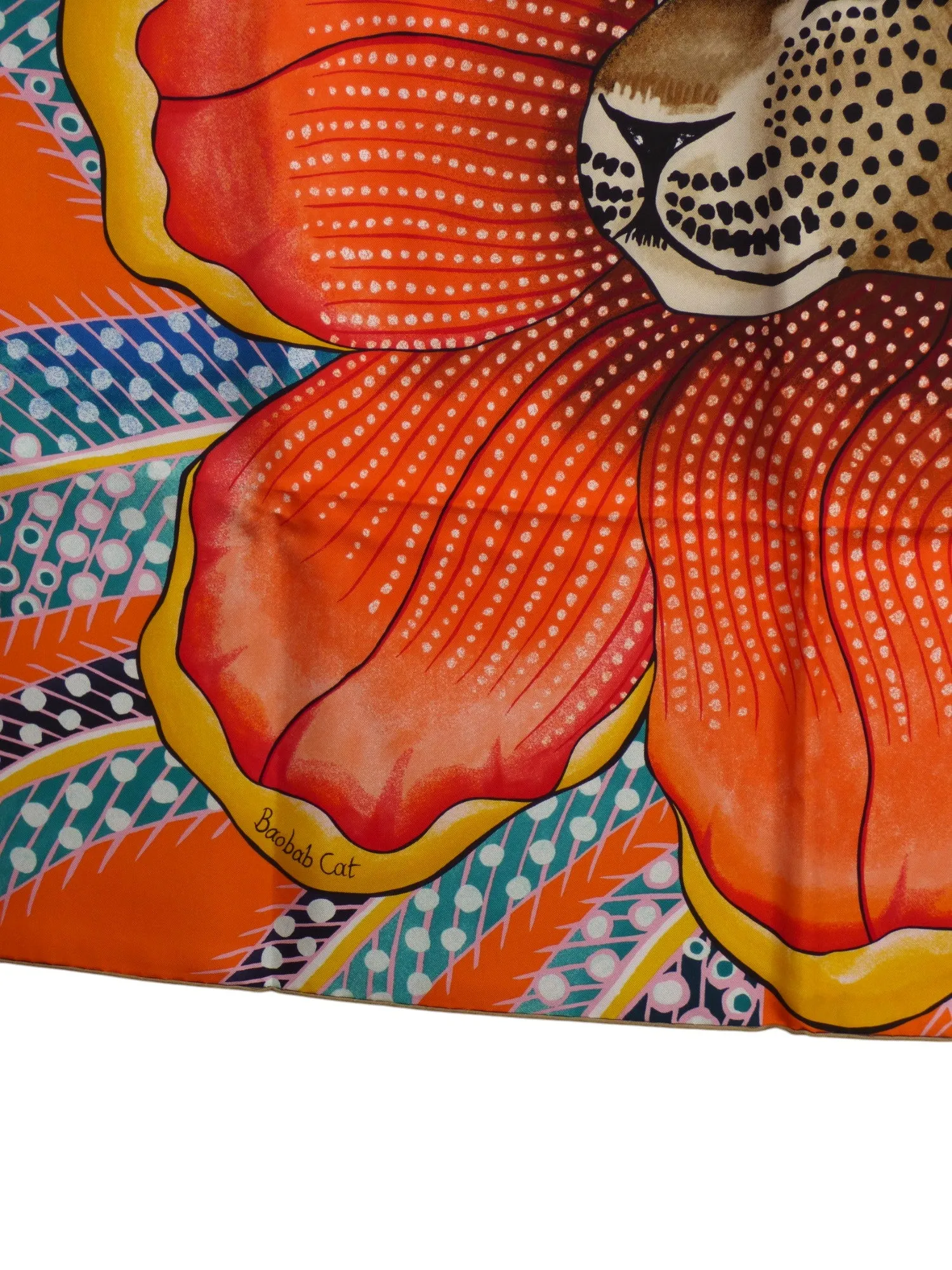 HERMES- "Baobab Cat" Print Silk Twill Scarf