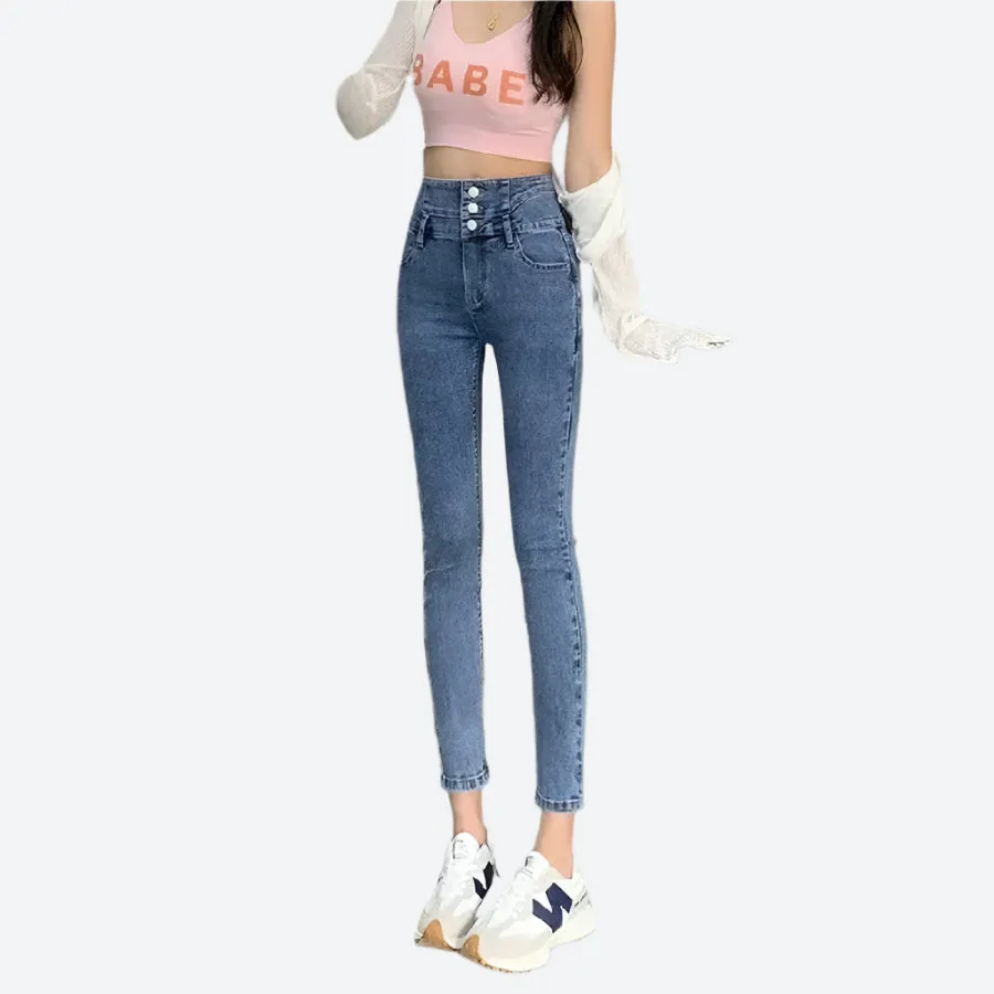 High-Waist Slim Fit Buttoned Jeans