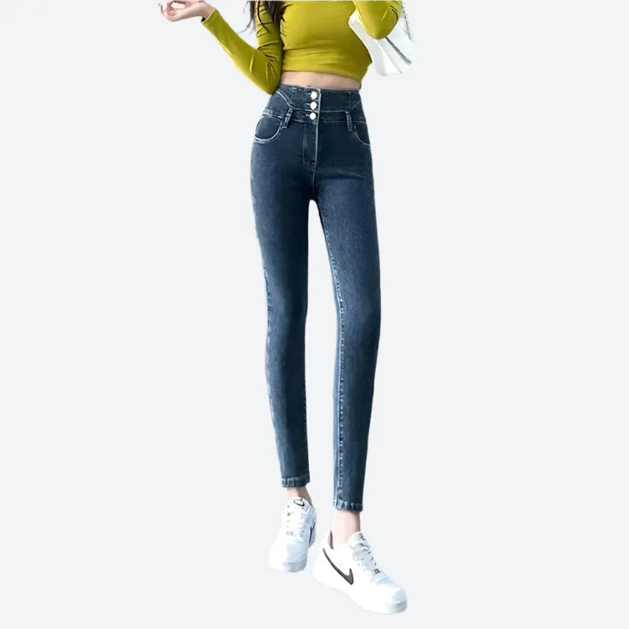 High-Waist Slim Fit Buttoned Jeans