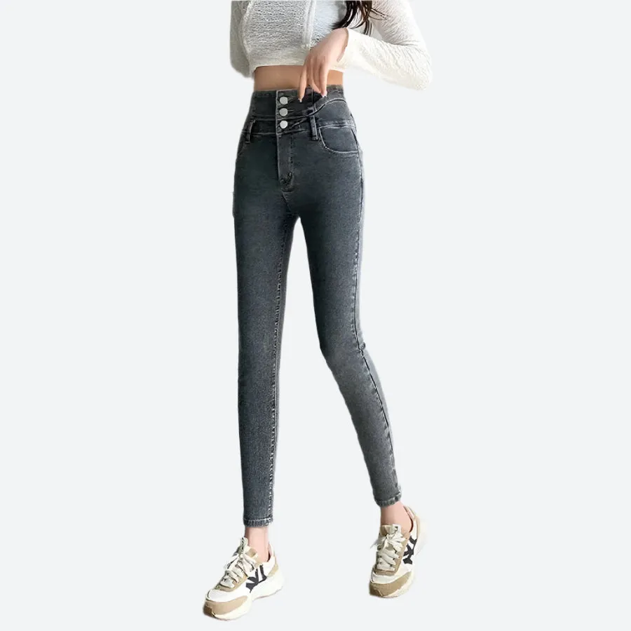 High-Waist Slim Fit Buttoned Jeans