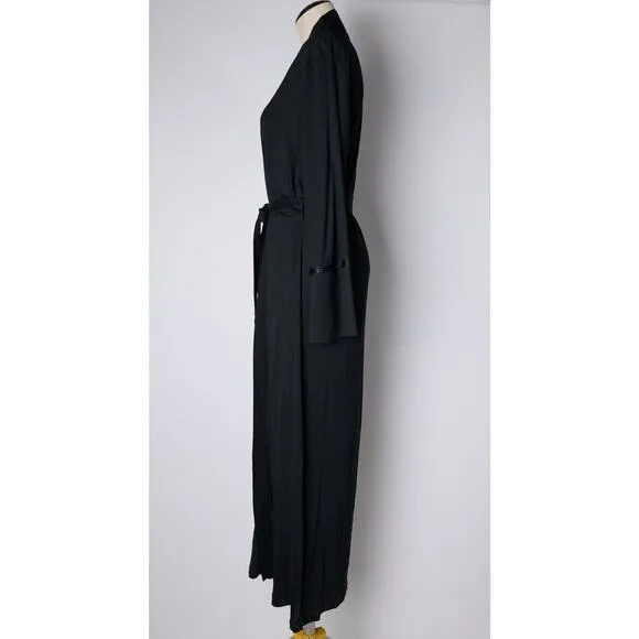 I. Magnin Wrap Robe Womens Large Black 100% Modal Long Sleeve Waist Belted
