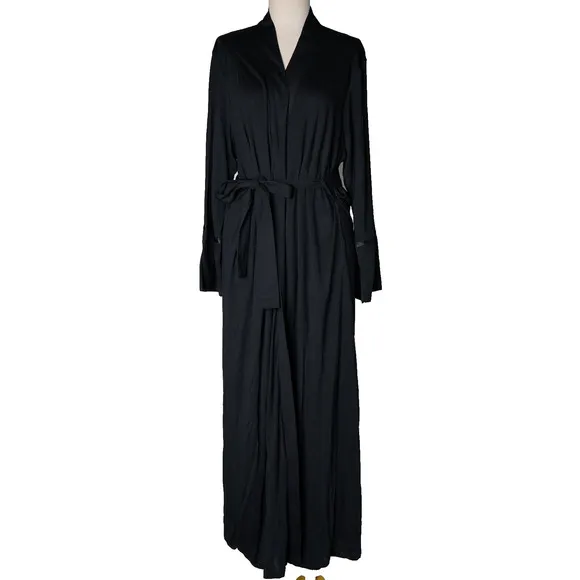 I. Magnin Wrap Robe Womens Large Black 100% Modal Long Sleeve Waist Belted