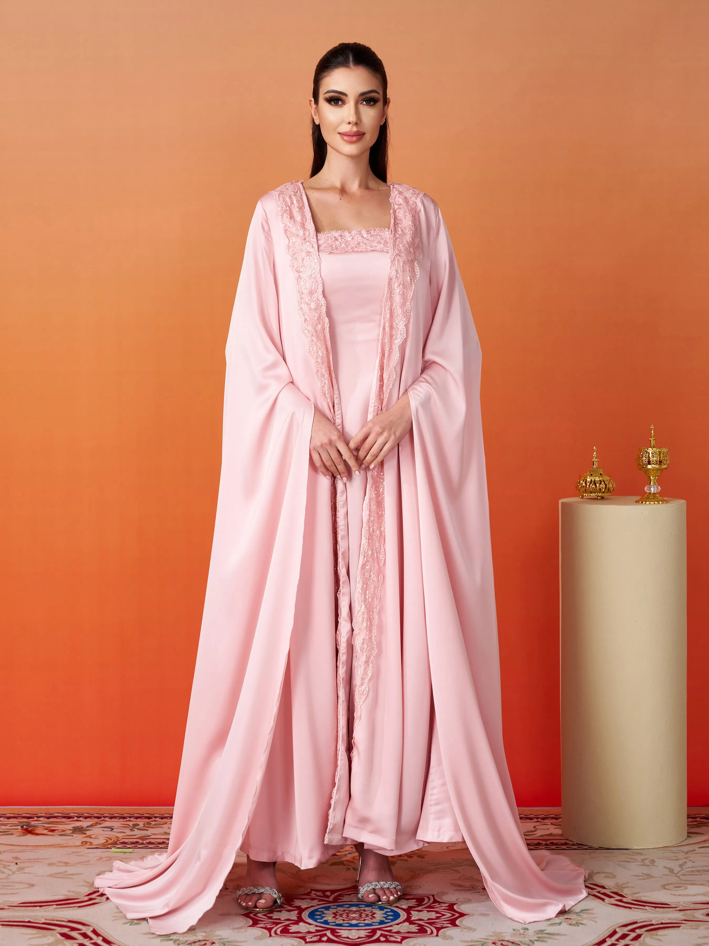 Lace Embroidered Pink Two Piece Set MES00561