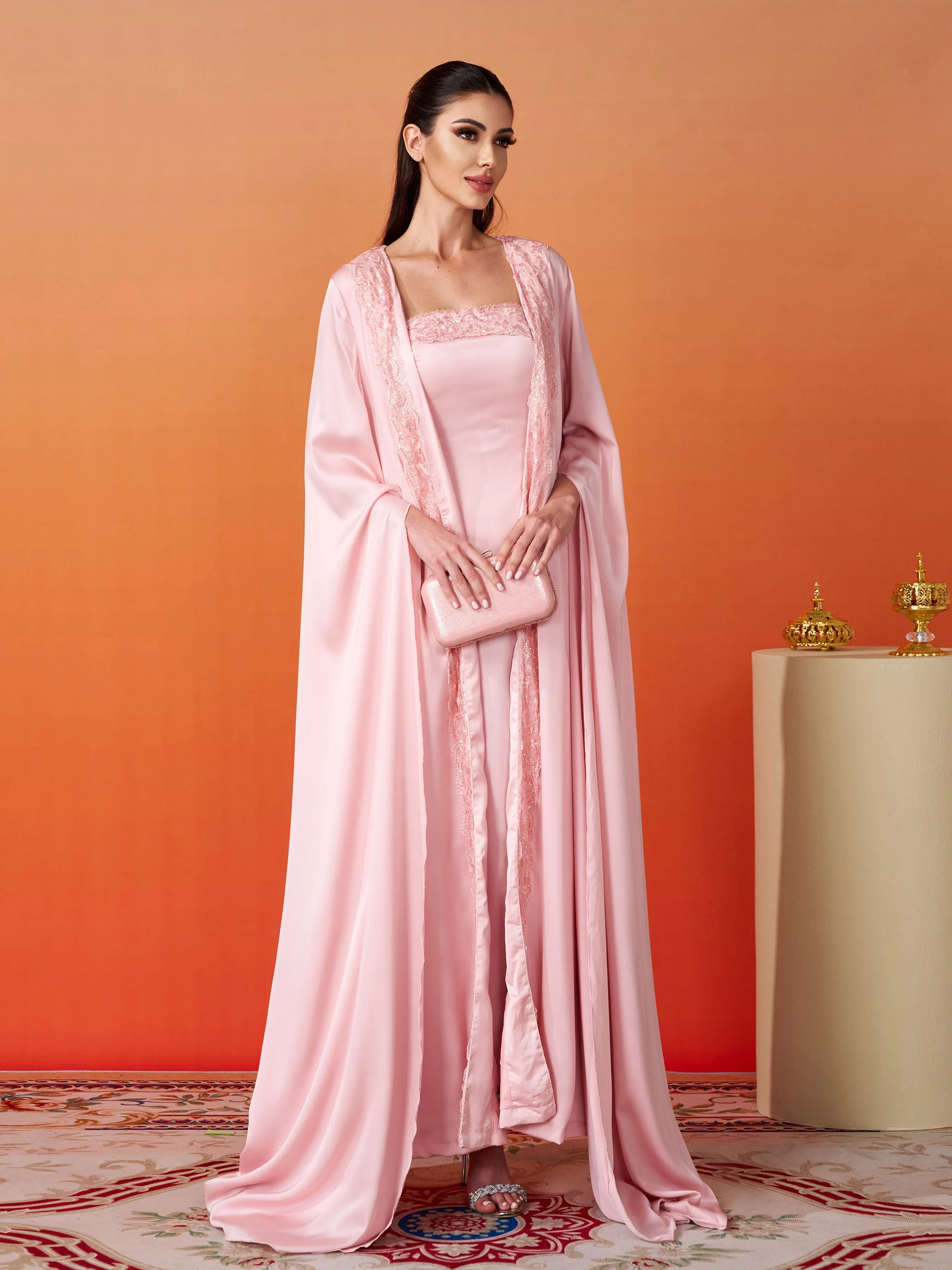 Lace Embroidered Pink Two Piece Set MES00561