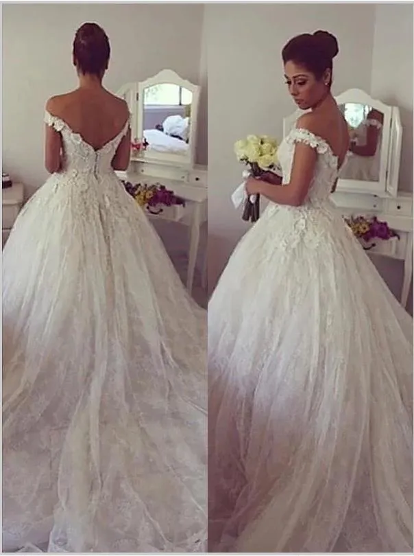 Lace Off Shoulder Backless Wedding Dresses Court Train Ball Gown