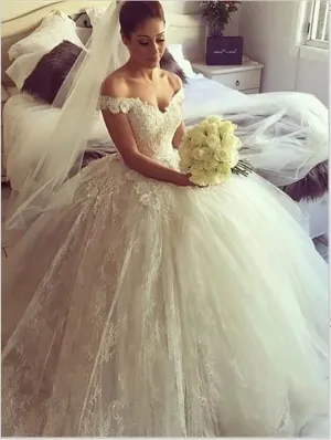 Lace Off Shoulder Backless Wedding Dresses Court Train Ball Gown