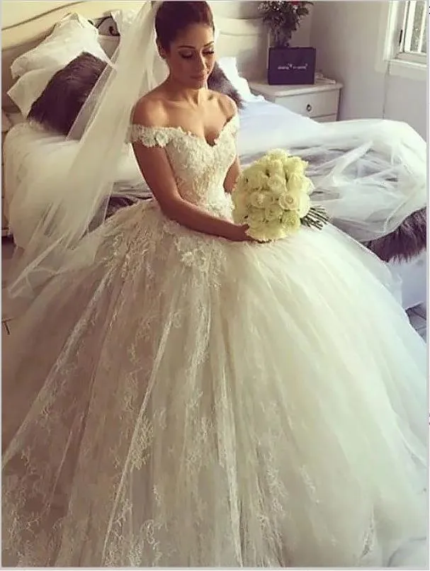 Lace Off Shoulder Backless Wedding Dresses Court Train Ball Gown